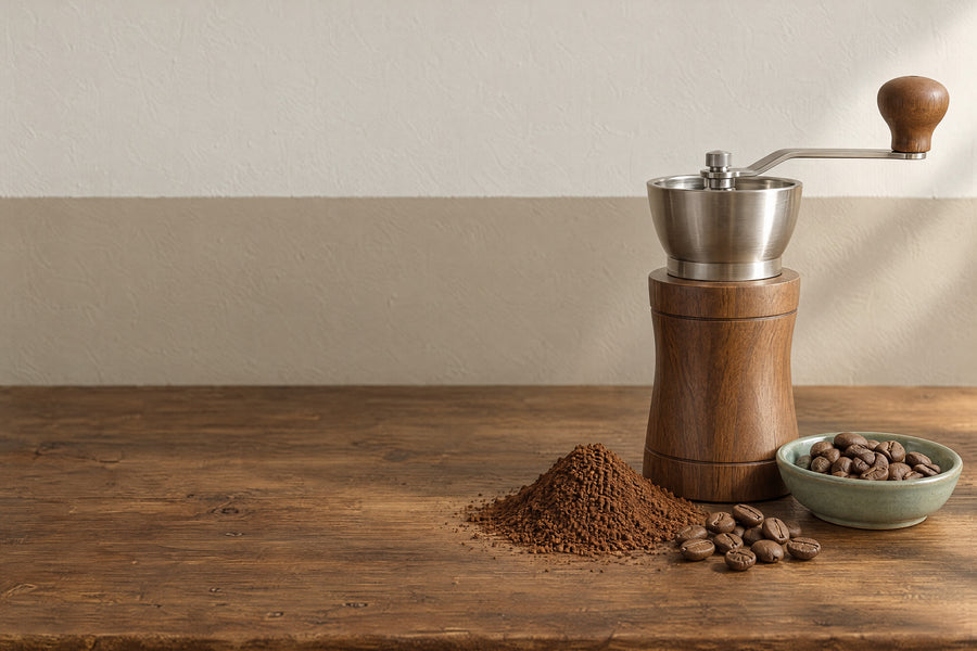 Handmühle aus Holz und Stahl neben frisch gemahlenem Kaffee, ganzen Bohnen und einer salbeigrünen Schale